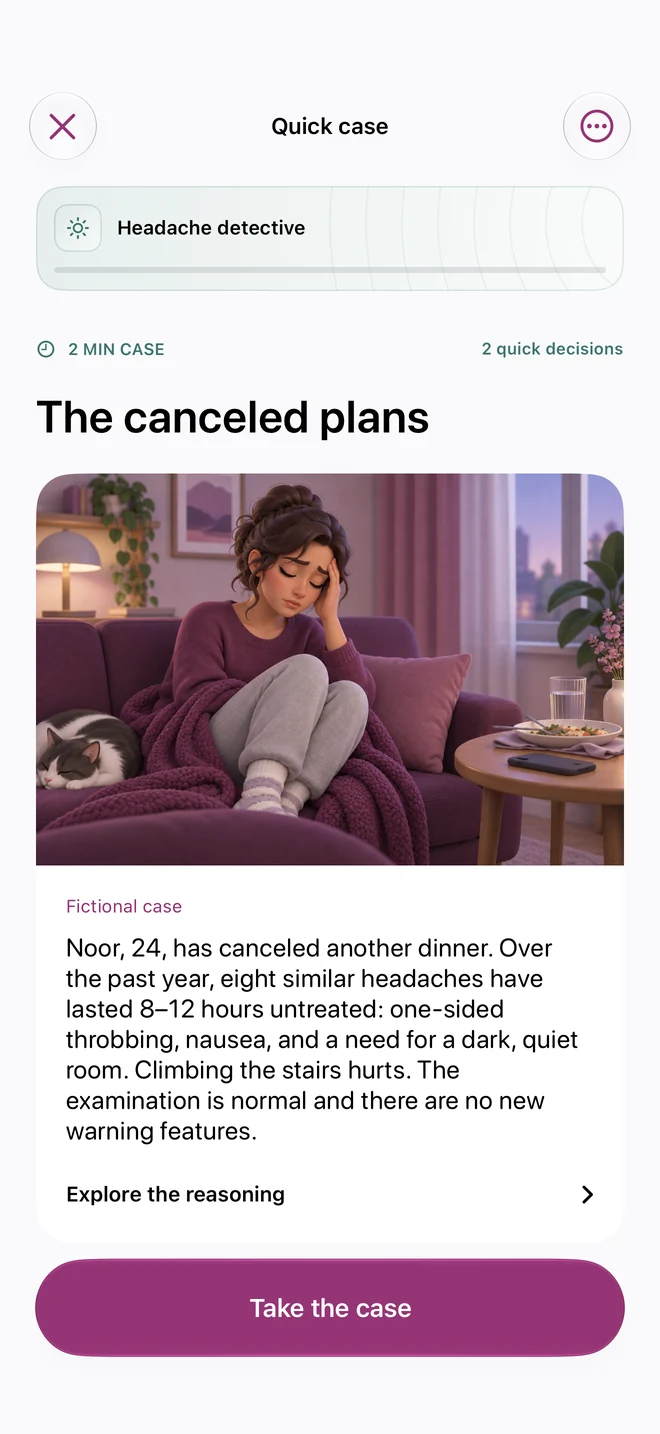 NeuroLogicMD 2.0 preview: an illustrated fictional headache case.