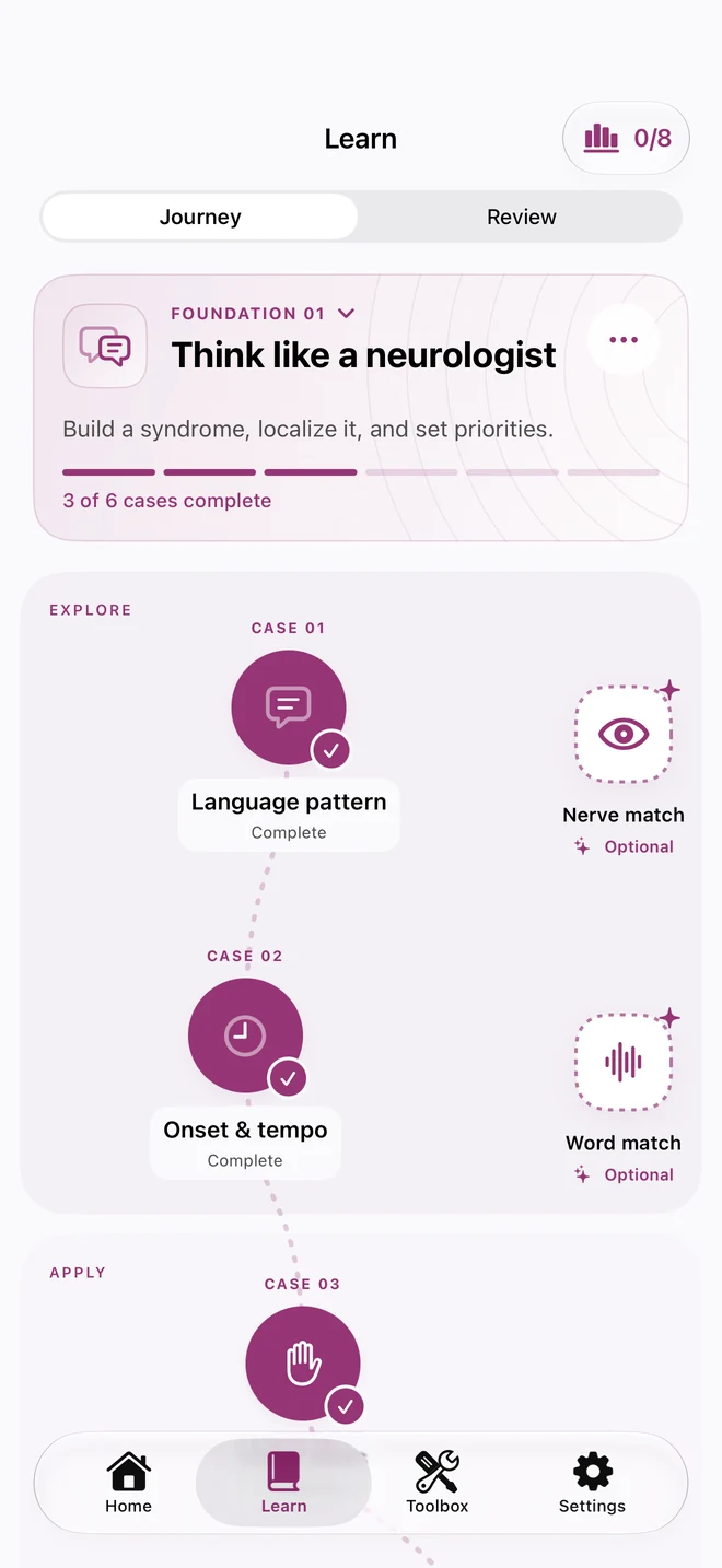 NeuroLogicMD 2.0 preview: lesson journey with optional practice bubbles.